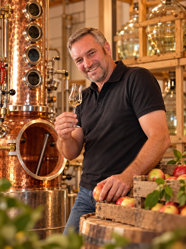 Edelbrandsommelier vor Brennanlage mit Verkostungsglas und Äpfeln